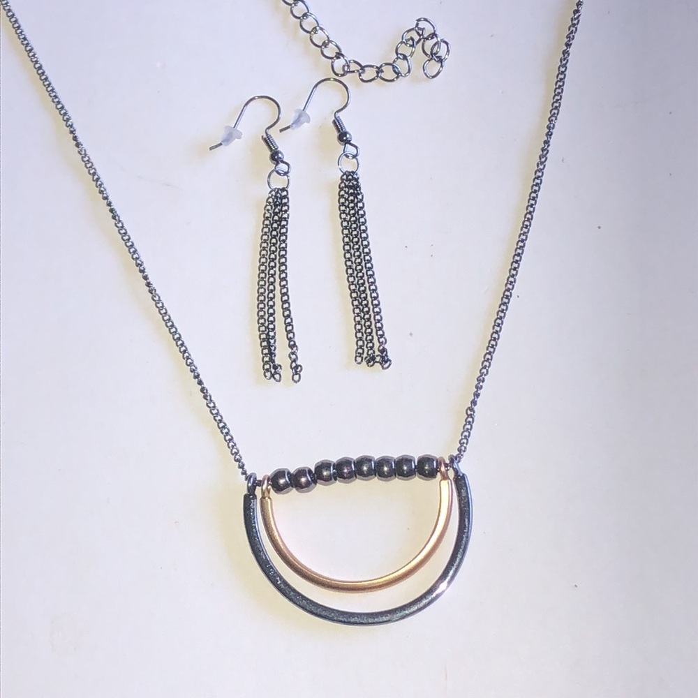 Dark Metal Two-Tone Half-Circle Pendant Necklace & Tassel Earring Set